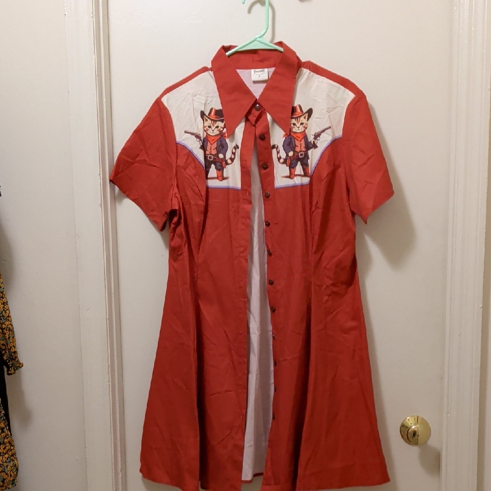Boozelele Burnt Orange Cowboy Kitten Westwrn Print Shirt Dress